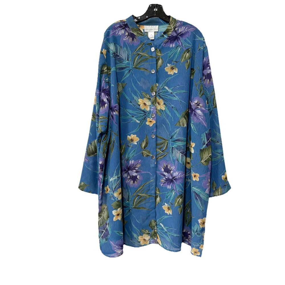 Susan Graver Tunic Top Womens 3X Blue Floral Aloha Hawaiian Semi Sheer Boho